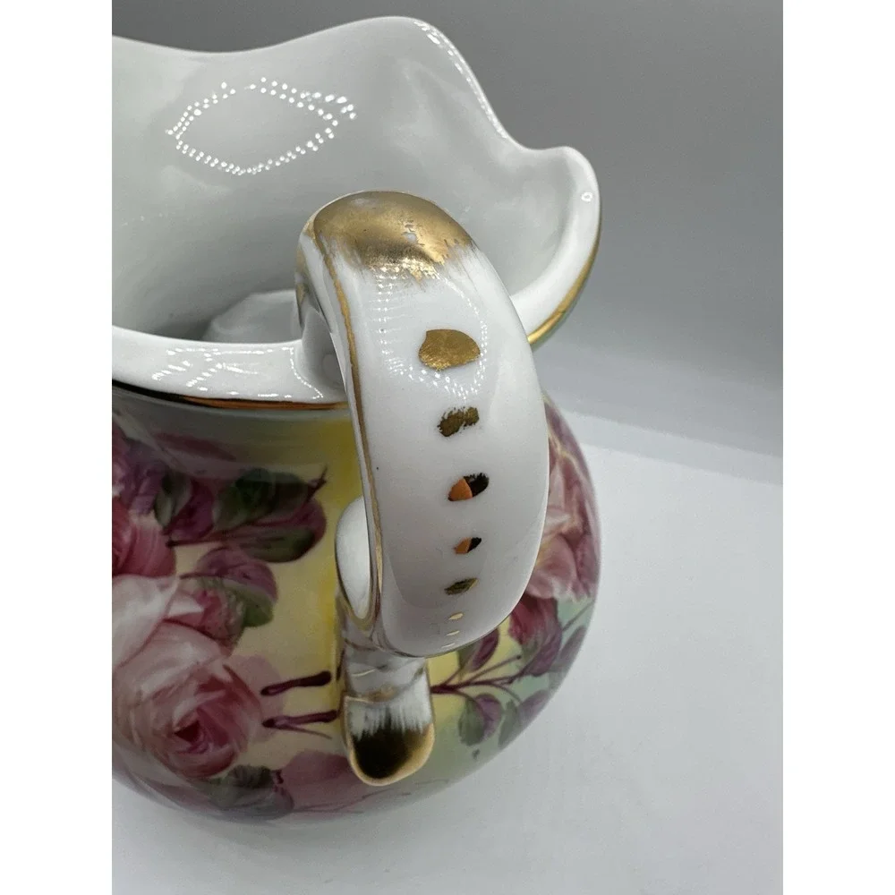 Vintage‎ Hand Painted Porcelain Floral Pitcher Ewer Gold Gilt Pink Roses 8.5